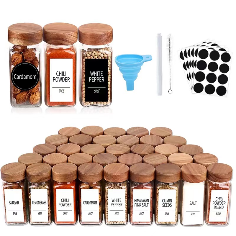 Wholesale 4oz Glass Spice Jar Lid Seasoning Containers Set Square Spice Jar with Wooden Kitchen Food CLASSIC Transparent 120ML