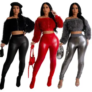 Latest Design 2024 Spring Woman Clothes Straight Shoulder Long Sleeve Furry Crop Top and Women Pants 2 Piece Set Women's Sets