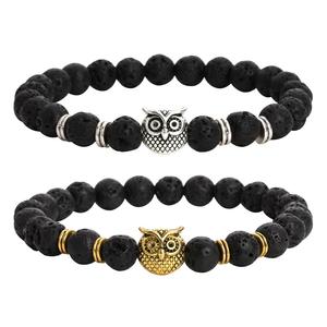 Pulsera de piedra volcánica de lava negra de 8mm para hombre, cuentas de búho de aleación, pulsera elástica para regalo - Product Image 2