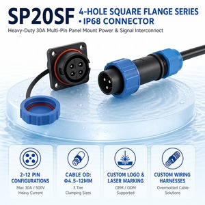 Conector de Aviación Impermeable SP20SF IP68 con Brida Cuadrada, Contactos de Soldadura de 2, 3, <span class=keywords><strong>4</strong></span>, 5, 7, 9, 12 Pines, 30A 500V, Enchufe y Tomacorriente, CE RoHS - Product Image 1