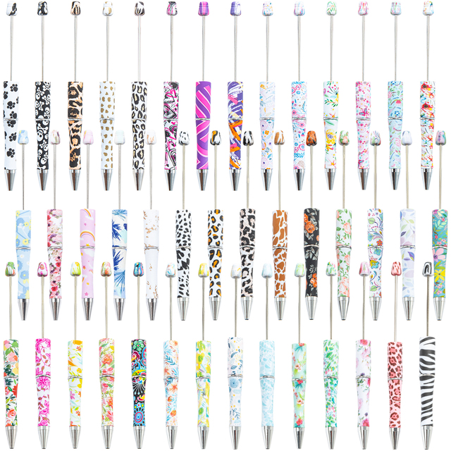2023 New Design Water Transfer Printing Beaded Pen DIY Floral Customized Plastic Printed Bead Pens