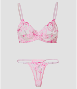 Ensemble Lingerie Érotique Rose pour Femmes, Soutien-Gorge Séduction à Broderies Florales et Baleines, Série Fleurs en Dentelle Transparente - Product Image 1