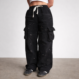 Pantalon de jogging cargo en molleton de coton personnalisé, lavage à l'acide, effet délavé, éclaboussures de peinture pour hommes - Product Image 2