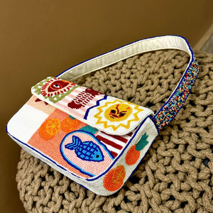 Handmade Embroidered Canvas Handbag Rectangular <b>Shape</b> With Colorful Animal <b>And</b> Fruit Patterns For Art Collectible Use - Product Image 1