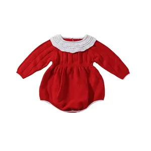 2020 kore sonbahar yeni bebek örme tulum kız bebek bebek yakalı uzun kollu pamuk kırmızı romper