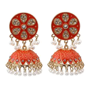 2024 Wholesale Vintage Jewelry Jhumka Bahubali Gold Plated Colorful Orange White Green With Pearls Dangling Stud Boho Earring