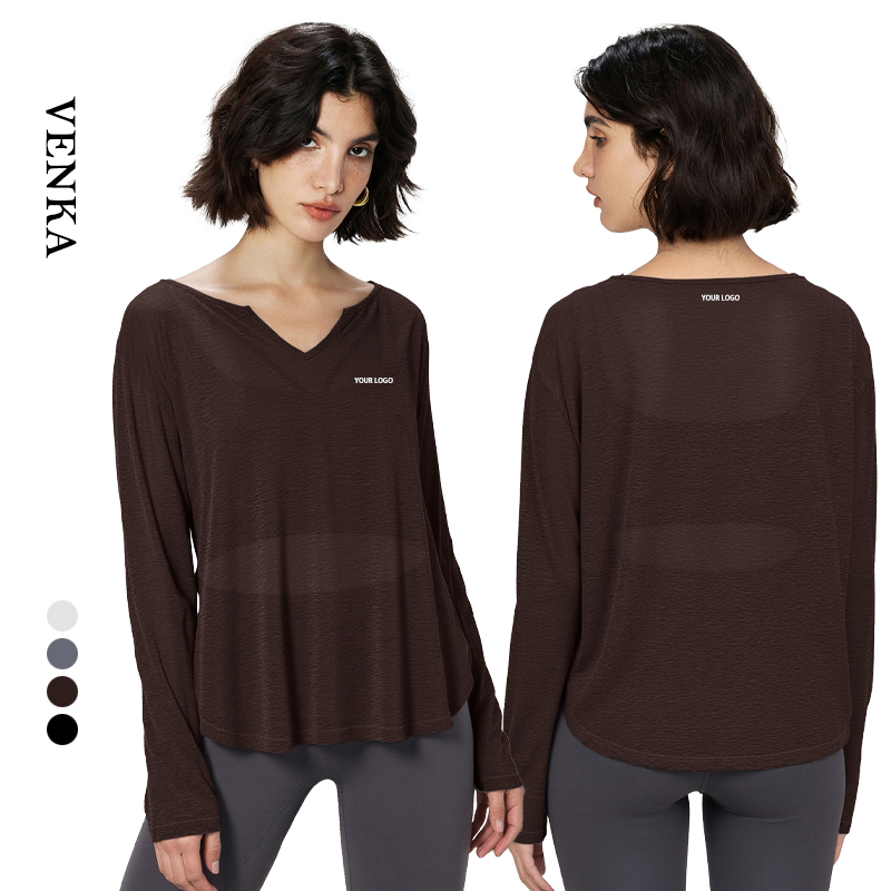 Women's Lightweight Workout Top Mesh Breathable V Shaped Neckline Fitness Shirts Women Loose Sports Yoga Long Sleeve T-Shirts