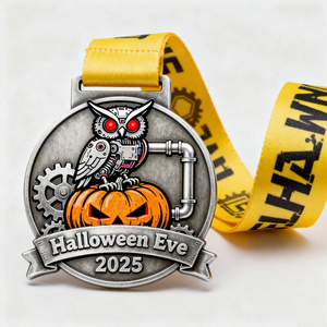 Medaglia di Halloween Personalizzata in Ottone Placcato Argento Antico con Stampa UV e Incisione, Motivo Zucca e <span class=keywords><strong>Gufo</strong></span> - Product Image 2