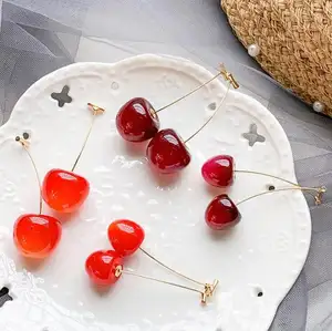 New Cute Simulation Red Cherry earrings Sweet Resin Hot Sale Gold Color For Women Fruit Earring Gift