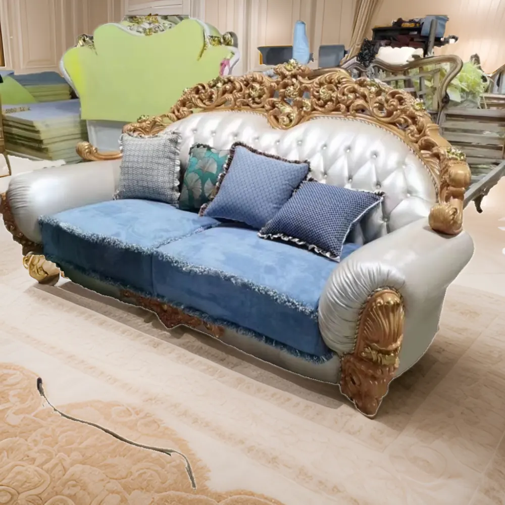 Sofá king-trone de luxo, conjunto 100% feito à mão em madeira e couro, com design rococó francês, móveis para escritório e sala de estar, high-end