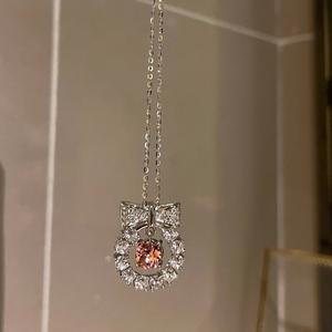 S925 Pure Silver Princess Style Bow <b>Pink</b> Diamond <b>Necklace</b> Versatile Daily Use Collarbone Light Luxury Sweet Fashion Pendant - Product Image 5