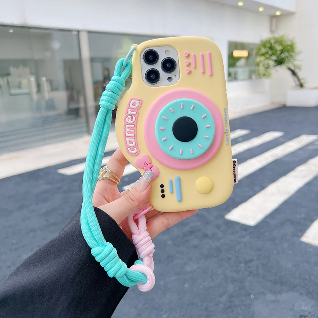 Cartoon Cute 3D Camera Flexible Rope Real Silicone Protective Shockproof Mobile Phone Cover Case for 15 Pro 16 Pro Max