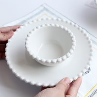 Assiette de table ronde en porcelaine blanche de 8 pouces, motif dentelle perlée, bol à dessert, ensemble de 3 assiettes et bols de dîner, vente en gros