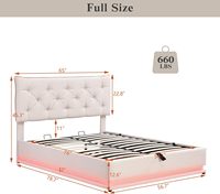 Tête de lit moderne à plateforme beige avec boutons, système de rangement hydraulique et lumière LED, lit double rembourré pleine grandeur