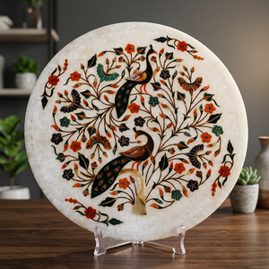 Plaque murale ronde de style animalier, motif floral paon incrusté d'onyx, faite à la main - Product Image 1