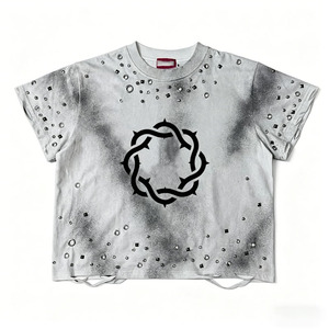 Camiseta Oversize de Hombre <span class=keywords><strong>con</strong></span> Estampado Personalizado, Estilo Vintage, Lavado Ácido, Detalles Metálicos y Efecto Desgastado - Product Image 1