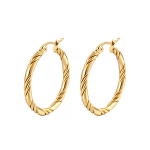 Stainless Steel Jewelry 18K Real Gold Plating Hoop Earrings Thick Chunky Round Twisted Buckle Earring For Women