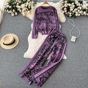 LE4212 Completo Stampato in Maglia Atmosfera Autunno e Inverno Nuovo da <span class=keywords><strong>Donna</strong></span> con Maglione Girocollo e Pantaloni a Gamba Larga Due Pezzi - Product Image 5