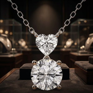 Collier pendentif duo cœur et diamant rond en or blanc 14 carats, bijoux de créateur de luxe pour mariée, cadeau - Product Image 1