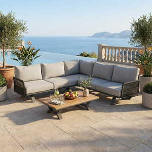 Juego de Sofás de Exterior en Forma de L, Moderno y de Lujo, con Cojines de Olefina de 13 cm de Grosor, <span class=keywords><strong>Muebles</strong></span> de Esquina con Cuerda de Aluminio Tejida, Mesa de Madera Plástica - Product Image 4