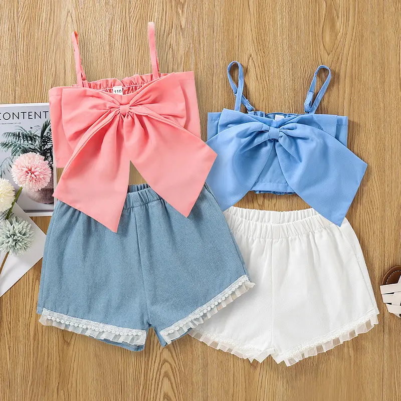 Girl Set Clothes Kids Toddler 2021 Summer Suit Suspenders Trendy Tops+denim Shorts Kids Baby Fashion Bowknot Pearls Girls Clothes Sets