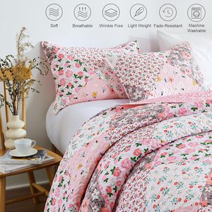 Pink Modern Reversible <strong>Patchwork</strong> Quilts Set 100% Polyester Woven Queen Twin Soft <strong>Bedding</strong> for Home Hotels - Product Image 4