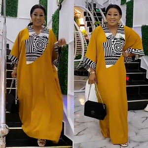 Top Africain Style Populaire Col V Manches Longues Image Spéciale Robe Solide Abaya pour Femmes K0388 - Product Image 3