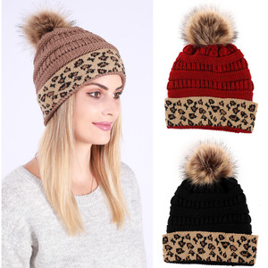 Bsbh của phụ nữ Beanies bán buôn fleeced lót Leopard in Beanie dệt kim Mũ Crochet đan Mũ Beanies với POM mùa đông ấm áp - Product Image 5