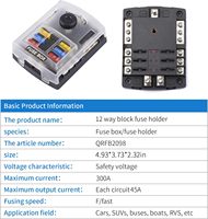 Boîtier de fusibles 6 voies 12V avec indicateur LED 300/45A, couvercle anti-poussière, bornes positives individuelles 6 voies, barre omnibus négative, porte-fusibles DC