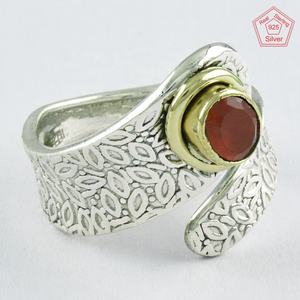 Bague ajustable en argent sterling 925 à deux tons, pierre de cornaline, accessoire de mariage et de fête - Product Image 1