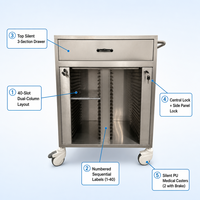 Chariot médical en acier inoxydable pour dossiers de patients, 30 compartiments, tiroir supérieur à verrouillage centralisé, antistatique, roues silencieuses