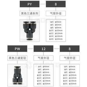 Conector en T Reductor de Aire Neumático de Conexión Rápida PY8 de Plástico Negro PW/6/10/12/14/16 para Manguera - Product Image 2