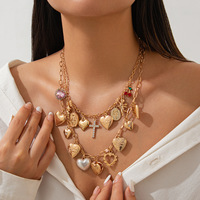 Collier Pendentif Cœur en Métal Faux Perle Style Européen-Américain, Bijou Niche Incrusté de Diamants, Croix et Cœur Pêche, Vente en Gros