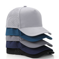 Casquette ajustable non structurée à 5 panneaux, séchage rapide, 100 % polyester, perforations laser, trous de ventilation ronds en forme de goutte d'eau, vente en gros