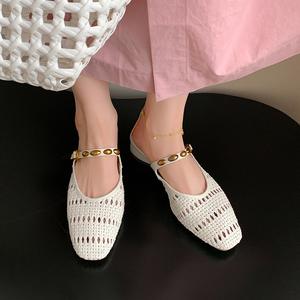 Zapatos retro con hebilla metálica y lazo, suela gruesa, estilo tejido, punta abierta, talón bajo para mujer - Product Image 6