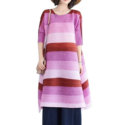 Pilili renkli şerit baskılı düzensiz elbise kadın gevşek üç çeyrek kol moda giyim 2024 ilkbahar yaz