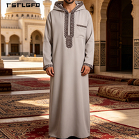 Djellaba marocaine islamique pour homme, gris clair, à capuche, avec bordure brodée, demi-zip, col en V, manches longues, longueur intégrale, style modeste