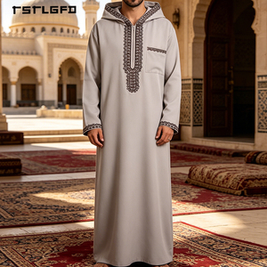 <b>Men</b> Light Grey Hooded <b>Thobe</b> Embroidery Trim Half Zip V-Neck Long Sleeve Full-Length Moroccan Djellaba Islamic Modest Robe - Product Image 2