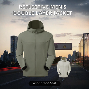 <b>Reflective</b> Soft Shell <b>Jacket</b> <b>Men</b> Hooded Zip Up Windproof Breathable Polyester Nylon Outerwear for Running Cycling - Product Image 2