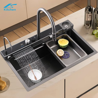 Évier de cuisine intelligent multifonctionnel en acier inoxydable SUS304, fait main, avec robinet cascade encastré, pour plan de travail à cuve unique - Grande Vente