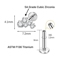 JIAXIN ASTM F136 Titane de qualité implantable plaqué or 18 carats avec zircon, pour piercing labret, hélix, tragus, lèvre, boucles d'oreilles et bijoux de corps, à filetage interne