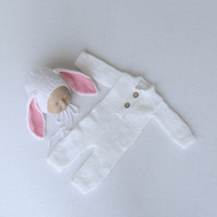 Beige nouveau-né photographie chapeau barboteuse tricot à la main pâques grande oreille lapin tenue noël ours combinaison bébé Photo tir accessoire
