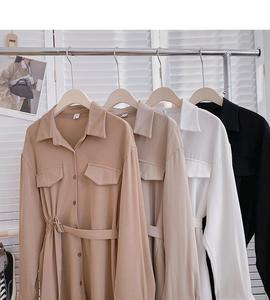 Blus Wanita Musim Gugur Semi Panjang Model Tunik Kerah Lipat Vintage Lengan Panjang Aksen Tali Kemeja Kasual Wanita - Product Image 5
