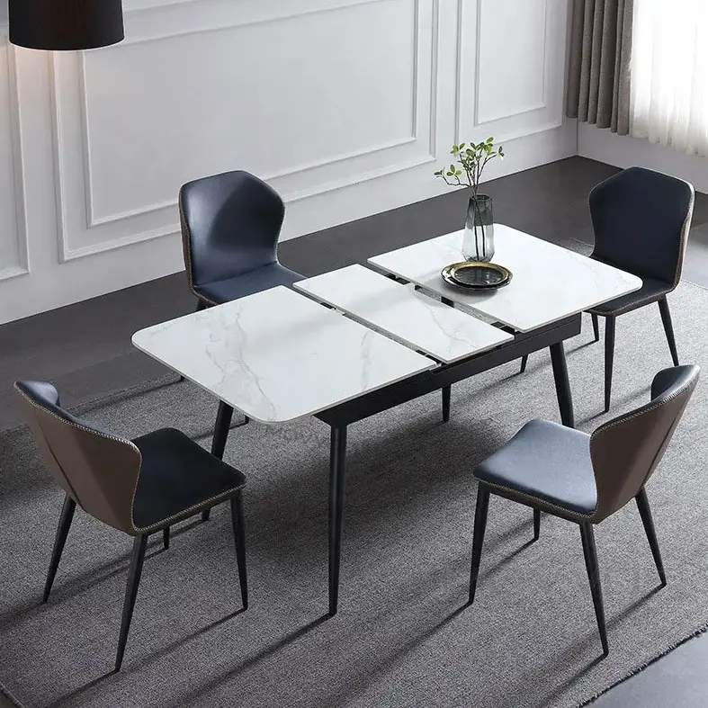 Mesa de comedor extensible con tapa de cristal con pies de metal, muebles para el hogar modernos fuertes baratos de cerámica importada, mesa de comedor, 10 Uds.