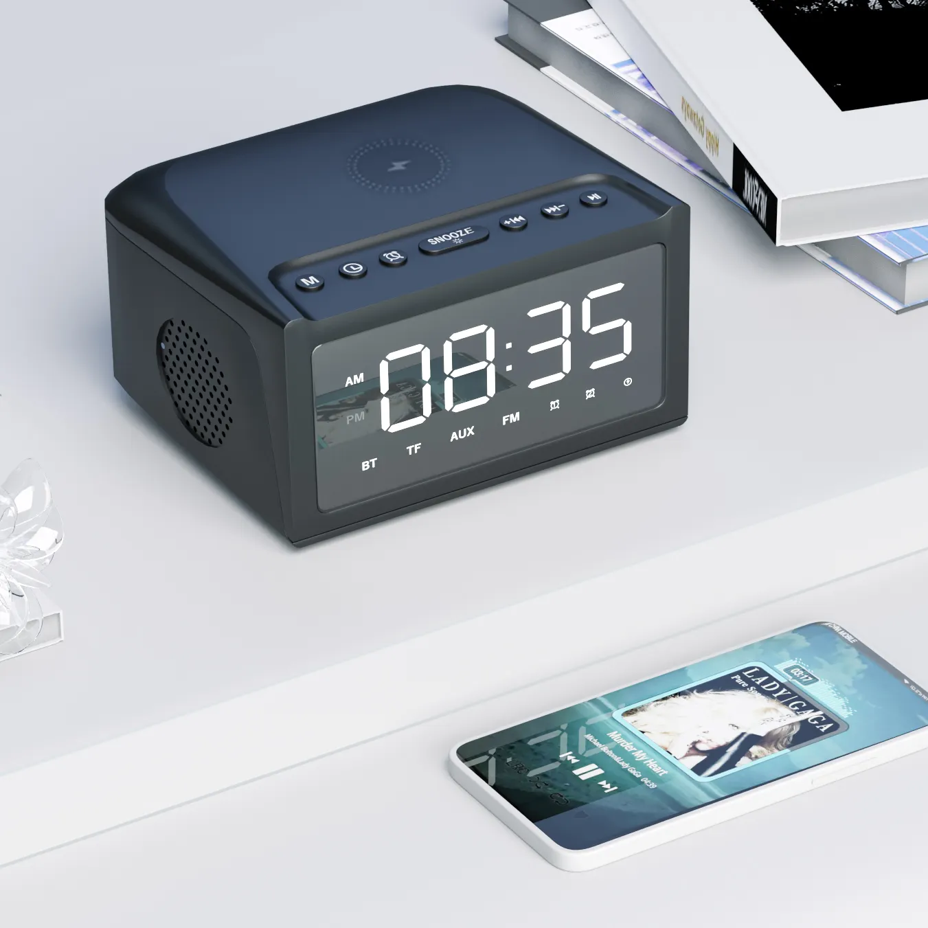 5.0 Quick Connect 10W Bass Speaker Digital Led Display Alarm Clock Speaker FM Radio 10W Mobile Quick Charge Wireless Charger