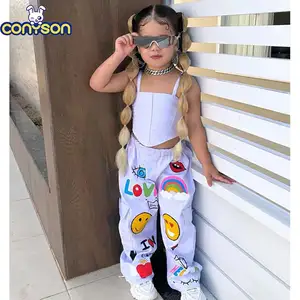 コニソン子供服女の子服2個セットサマーサスペンダートップロングパンツガールファッションビーチホリデー服セット