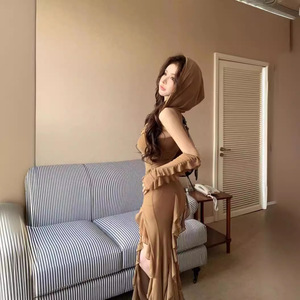 Abito tubino midi <span class=keywords><strong>da</strong></span> <span class=keywords><strong>donna</strong></span> con cappuccio, in rete, stile 'Waste Soil', sexy, con spacco, vita a foglia di loto, stile 'Hong Flavor Pure Desire' - Product Image 2