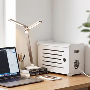 Boîte de rangement murale rectangulaire blanche pour routeur WiFi, multiprise, décodeur TV, design couvert - Product Image 1