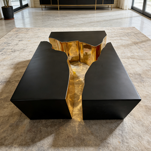 Ensemble de tables basses en métal poli de forme irrégulière unique, design minimaliste, plateau noir, tables centrales design, meubles pour la maison et la villa - Product Image 1