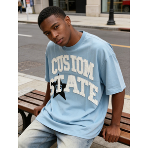 Camiseta de Hombre Oversize Azul 100% Algodón con Hombros Caídos, Corte Holgado, Estampado Personalizado OEM y Bordado Aplicado Estilo Streetwear - Product Image 2